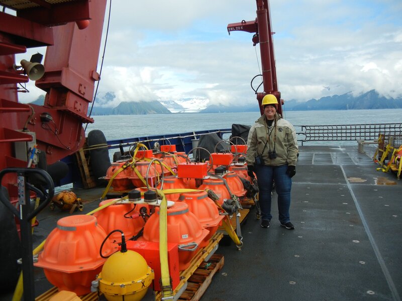 Samantha Hansen deploying ocean bottom seismometers offshore Alaska