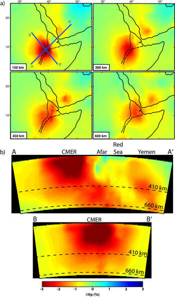 Both map-view and cross-sectional images through the P-wave tomography model generated by Hansen and Nyblade (2013).