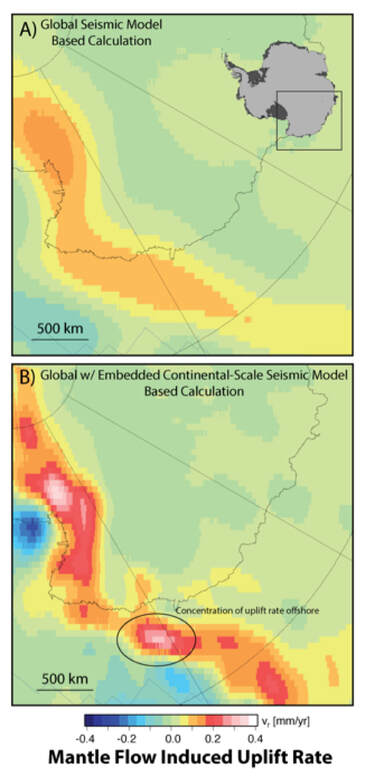 Maps of the Wilkes Basin region in Antarctica, illustrating how different seismic tomography models can lead to different dynamic topography estimates.