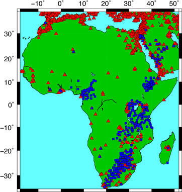 Map of Africa and Arabia, showing the locations of seismic stations used in this study.