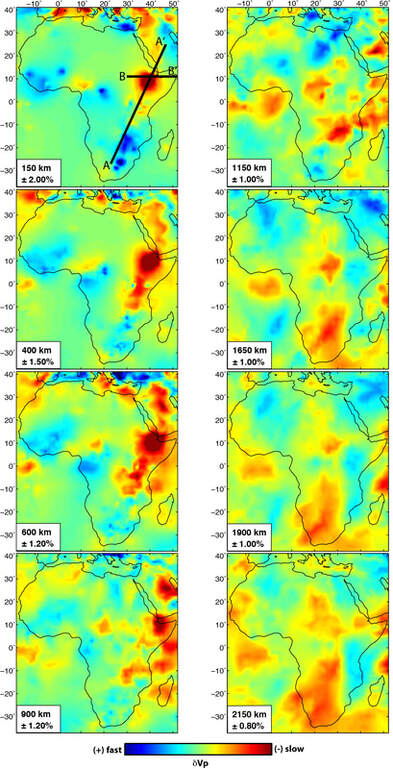 Map-view images through the P-wave tomography model generated by Hansen et al. (2012).