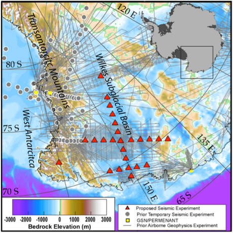 Map of the Wilkes Basin region in Antarctica.  New, proposed seismic station locations are indicated by red triangles.  Flight lines from prior experiments are show as gray lines.