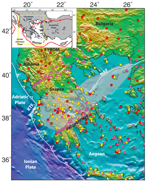 Map of topography and bathymetry in Greece, with important tectonic features labeled.  Colored shapes indicate the seismic stations used in this study.