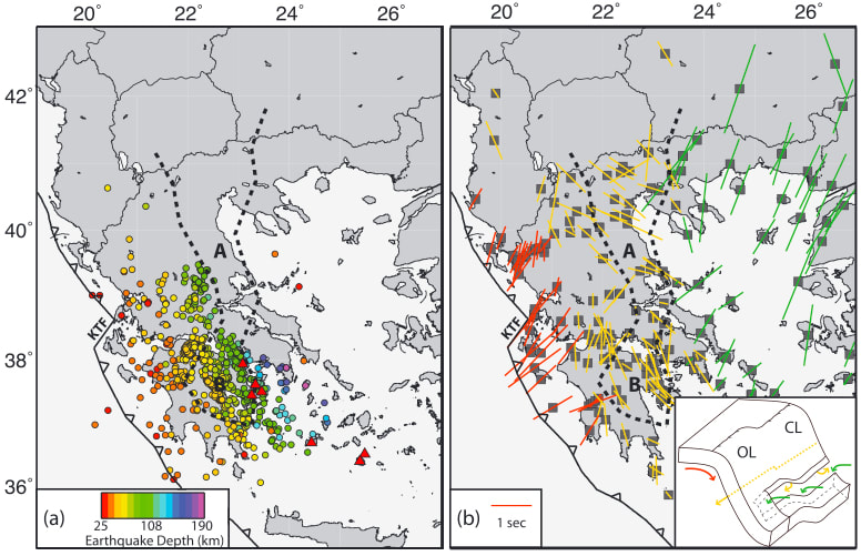 Maps of (A) earthquake locations and (B) shear-wave splitting estimates throughout Greece in relation to the interpreted slab structure.