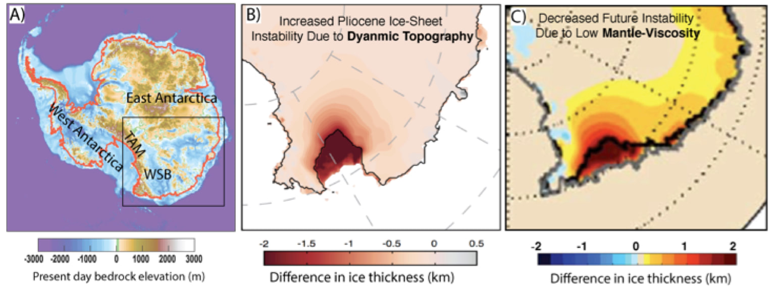 Maps illustrating the impact of solid-Earth parameters on simulations of ice stability in Antarctica.